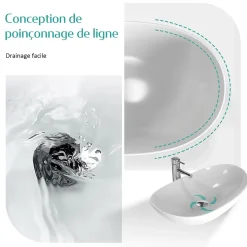 EMKE Vasque à Poser en céramique 61,5x36x15,5cm, Lavabo salle de bain Ovale, Lavabo à poser blanc brillant