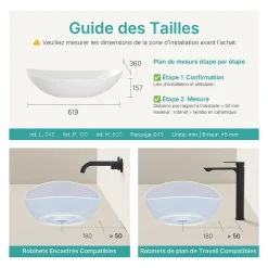 EMKE Vasque à Poser en céramique 61,5x36x15,5cm, Lavabo salle de bain Ovale, Lavabo à poser blanc brillant