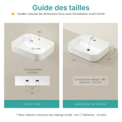 EMKE Vasque à Poser en céramique 50x40x11cm, Lavabo rectangulaire avec robinet trou prépercé, Lavabo à poser blanc brillant