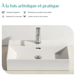 EMKE Vasque à Poser en céramique 60x36x13cm, Lavabo rectangulaire avec robinet trou prépercé, Lavabo à poser blanc brillant