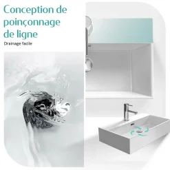 EMKE Vasque à Poser en céramique 60x36x13cm, Lavabo rectangulaire avec robinet trou prépercé, Lavabo à poser blanc brillant