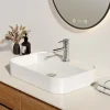 EMKE Vasque à Poser en céramique 60x40x11cm, Lavabo rectangulaire avec robinet trou prépercé, Lavabo à poser blanc brillant