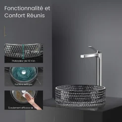 EMKE Vasque à Poser Ronde, 360 x 360 x 112 mm, Lavabo en Verre Noir, Design Montage sur Comptoir