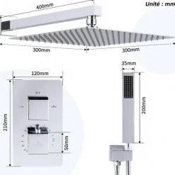 Encastré Colonne de Douche Thermostatique Système de Douche Grande Douche de Tête Set de Douche Encastrée en Laiton Chromé
