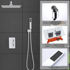 Encastré Colonne de Douche Thermostatique Système de Douche Grande Douche de Tête Set de Douche Encastrée en Laiton Chromé