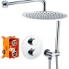 Encastré Colonne de Douche Thermostatique Système de Douche Rond Grande Douche de Tête Set de Douche Encastrée en Laiton Chromé