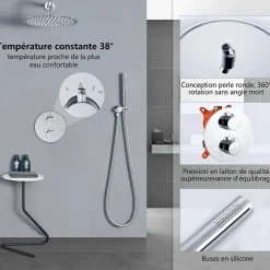 Encastré Colonne de Douche Thermostatique Système de Douche Rond Grande Douche de Tête Set de Douche Encastrée en Laiton Chromé
