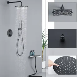 Encastré Ensemble de Douche Thermostatique Colonne de Douche Noir Système de douche Corps en Laiton HOMELODY