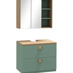 Ensemble 2 meubles salle de bain - meuble sous-vasque suspendu, armoire murale miroir - aspect bois clair vert