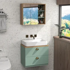Ensemble 2 meubles salle de bain - meuble sous-vasque suspendu, armoire murale miroir - aspect bois clair vert