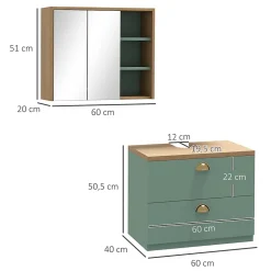 Ensemble 2 meubles salle de bain - meuble sous-vasque suspendu, armoire murale miroir - aspect bois clair vert