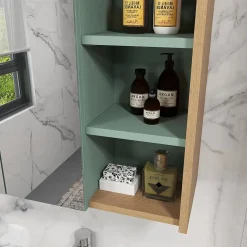 Ensemble 2 meubles salle de bain - meuble sous-vasque suspendu, armoire murale miroir - aspect bois clair vert