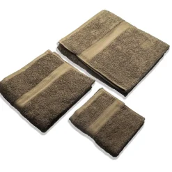 Ensemble De 3 Serviettes De Bain En Éponge 100% Coton De Couleur Marron.