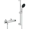 Ensemble de douche avec mitigeur thermostatique, pommeau 1 jet, barre 60cm et flexible - GROHE 34800001 - Economie d'eau - Chrom