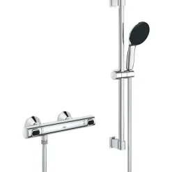 Ensemble de douche avec mitigeur thermostatique, pommeau 1 jet, barre 60cm et flexible - GROHE 34800001 - Economie d'eau - Chrom