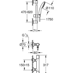 Ensemble de douche avec mitigeur thermostatique, pommeau 1 jet, barre 60cm et flexible - GROHE 34800001 - Economie d'eau - Chrom