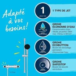 Ensemble de douche avec mitigeur thermostatique, pommeau 1 jet, barre 60cm et flexible - GROHE 34800001 - Economie d'eau - Chrom