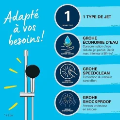 Ensemble de douche avec pommeau 1 jet, barre 60cm et flexible 1,75m - GROHE Vitalio Start 110 27942001 - Economie d'eau - Chrom
