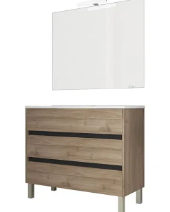 Ensemble de salle de bain meuble 100cm STAY THREE EDGE bois clair - Vasque - Miroir - Applique