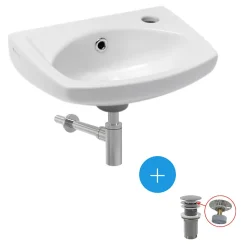 Ensemble lave-main suspendu avec trou pour robinetterie, trop plein, 35x28cm + Bonde clic-clac + Siphon de lavabo (EUR913-SET2)