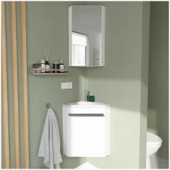 Ensemble lave-mains angle suspendu SKINO avec robinet et armoire d'angle