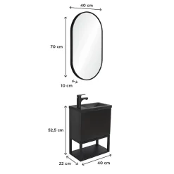 Ensemble lave-mains NOVA métal et bois avec robinet noir et miroir ovale
