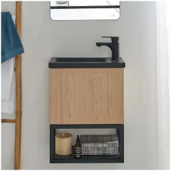 Ensemble lave-mains NOVA suspendu métal et bois avec robinet noir