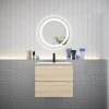 Ensemble L.60cm meuble vasque 2 tiroirs + lavabo + LED miroir rond 60cm,chêne