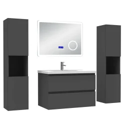 Ensemble meuble 80 cm anthracite avec 2 tiroirs, lavabo céramique + Miroir Bluetooth tricolore + 2 colonnes hautes, suspendu