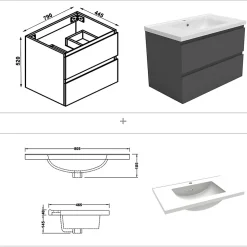 Ensemble meuble 80 cm anthracite avec 2 tiroirs, lavabo céramique + Miroir Bluetooth tricolore + colonne, suspendu