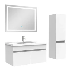 Ensemble meuble + vasque + miroir lumineux + colonne 80cm meuble salle de bain Blanc