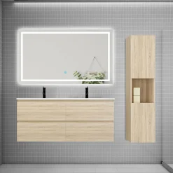 Ensemble meuble 2 vasque L.120cm 4 tiroirs + lavabo + LED miroir + colonne,chêne design