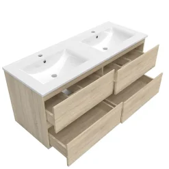 Ensemble meuble 2 vasque L.120cm 4 tiroirs + lavabo + LED miroir + colonne,chêne design