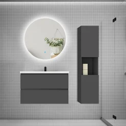 Ensemble meuble anthracite et vasque L.80cm 2 tiroirs + colonne haut + lavabo + miroir 60x60cm-suspendu