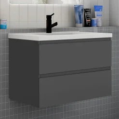 Ensemble meuble anthracite et vasque L.80cm 2 tiroirs + colonne haut + lavabo + miroir 60x60cm-suspendu