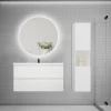Ensemble meuble blanc et vasque L.100cm 2 tiroirs + colonne haut + lavabo + miroir 60x60cm-suspendu