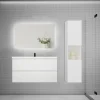 Ensemble meuble blanc et vasque L.100cm 2 tiroirs + colonne haut + lavabo + miroir 80x60cm-suspendu