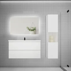 Ensemble meuble blanc et vasque L.100cm 2 tiroirs + colonne haut + lavabo + miroir 80x60cm-suspendu