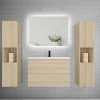 Ensemble meuble chêne et vasque L.80cm 2 tiroirs + colonne x2 haut + lavabo + miroir 80x60cm-suspendu