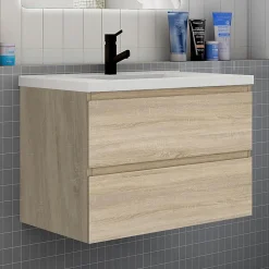 Ensemble meuble chêne et vasque L.80cm 2 tiroirs + colonne x2 haut + lavabo + miroir 80x60cm-suspendu