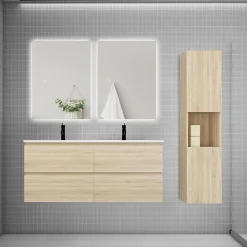 Ensemble meuble chêne et vasque L.120cm 4 tiroirs + colonne haut + lavabo + miroir 80x60cm x2-suspendu