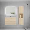 Ensemble meuble chêne et vasque L.80cm 2 tiroirs + colonne haute + lavabo + miroir 80x60cm-suspendu