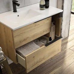 Ensemble meuble de salle de bain 80cm vasque déportée + colonne de rangement - KING - Roble (chêne clair)