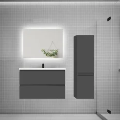 Ensemble meuble de salle de bain et lavabo anthracite (L.80cm) 2 tiroirs + meuble haut + lavabo + miroir LED
