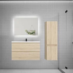 Ensemble meuble de salle de bain et lavabo chêne (L.80cm) 2 tiroirs + meuble haut + lavabo + miroir LED