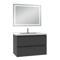 Ensemble meuble de salle de bain avec tiroirs 80cm, vasque céramique et LED miroir, anthracite