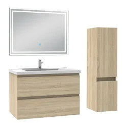 Ensemble meuble de salle de bain 80cm, vasque céramique + colonne + LED miroir rectangulaire, chêne