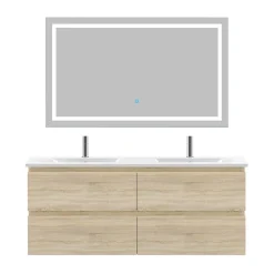 Ensemble meuble de salle de bain 120cm, vasque céramique et LED miroir, chêne