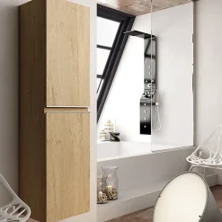 Ensemble meuble de salle de bain 80cm simple vasque + colonne de rangement PALMA - bambou (chêne clair)