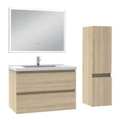 Ensemble meuble de salle de bain 80cm, vasque céramique + colonne + miroir lumineux, chêne